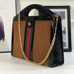 GUCCI SUEDE OPHIDIA WEB MEDIUM TOP HANDLE TOTE BAG BROWN