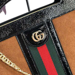 GUCCI SUEDE OPHIDIA WEB MEDIUM TOP HANDLE TOTE BAG BROWN