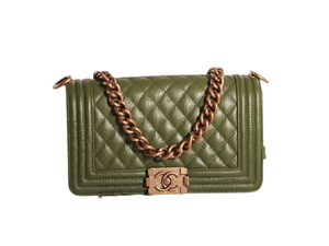 BOY CHANEL FLAP BAG GREEN IN ORIGINAL CRACKLED EFFECT LEATHER BRASS HARDWARE