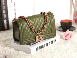 BOY CHANEL FLAP BAG GREEN IN ORIGINAL CRACKLED EFFECT LEATHER BRASS HARDWARE