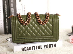 BOY CHANEL FLAP BAG GREEN IN ORIGINAL CRACKLED EFFECT LEATHER BRASS HARDWARE